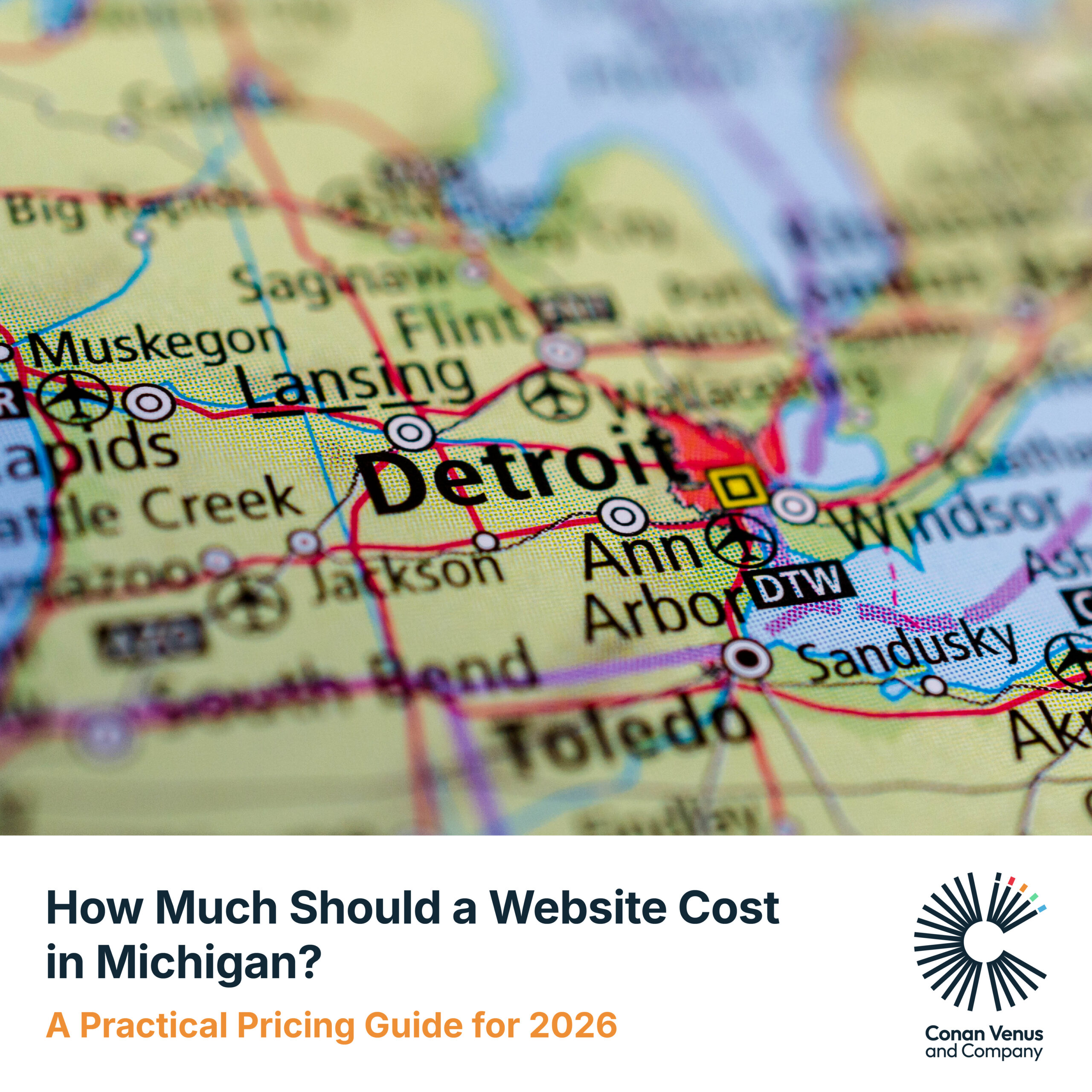 Close-up map of Michigan highlighting Detroit, used for a 2026 website pricing guide.