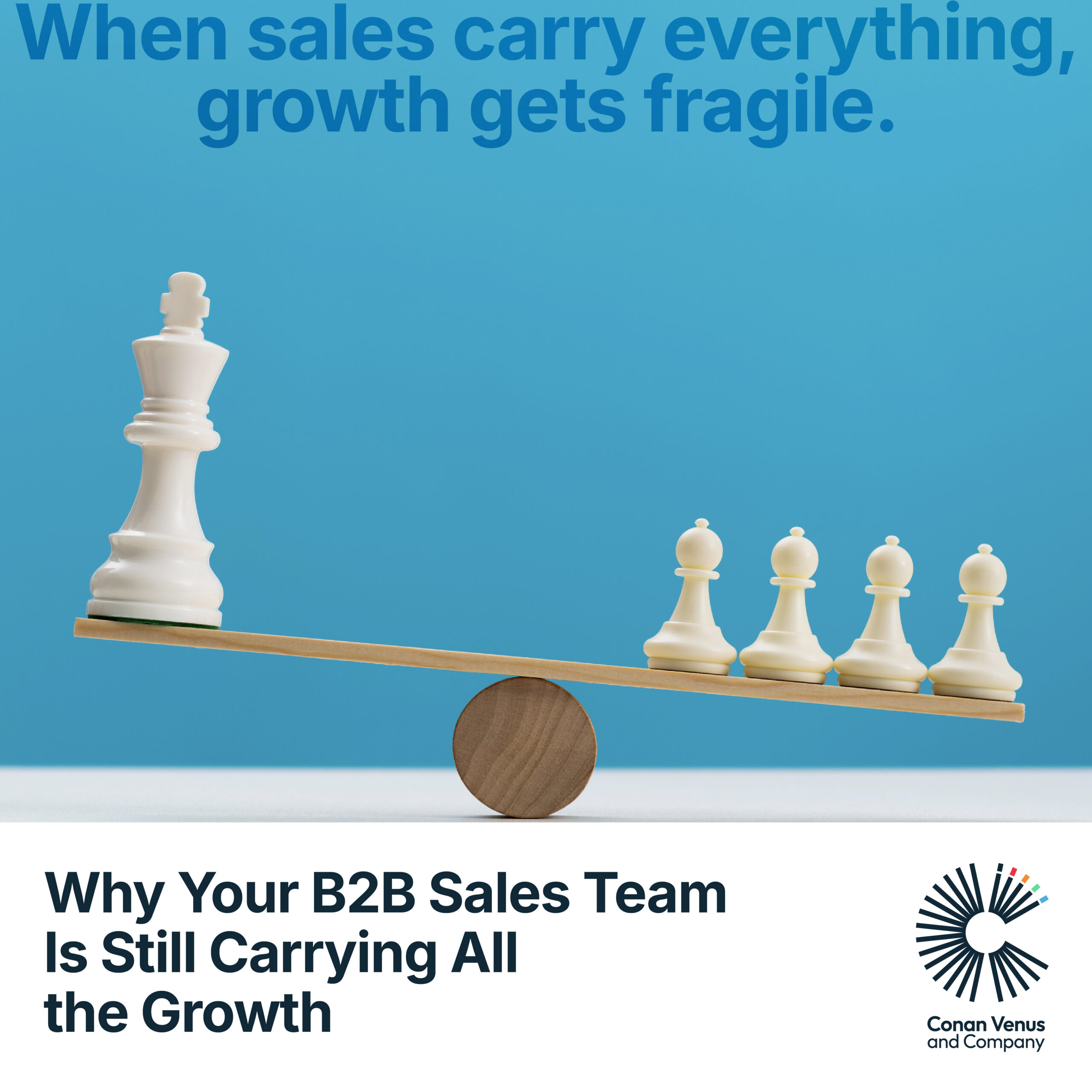 A white chess king balanced on one side of a wooden plank seesaw, outweighing four white pawns on the other side, against a blue background. Text reads: “When sales carry everything, growth gets fragile. Why Your B2B Sales Team Is Still Carrying All the Growth.” Conan Venus and Company logo in bottom right.