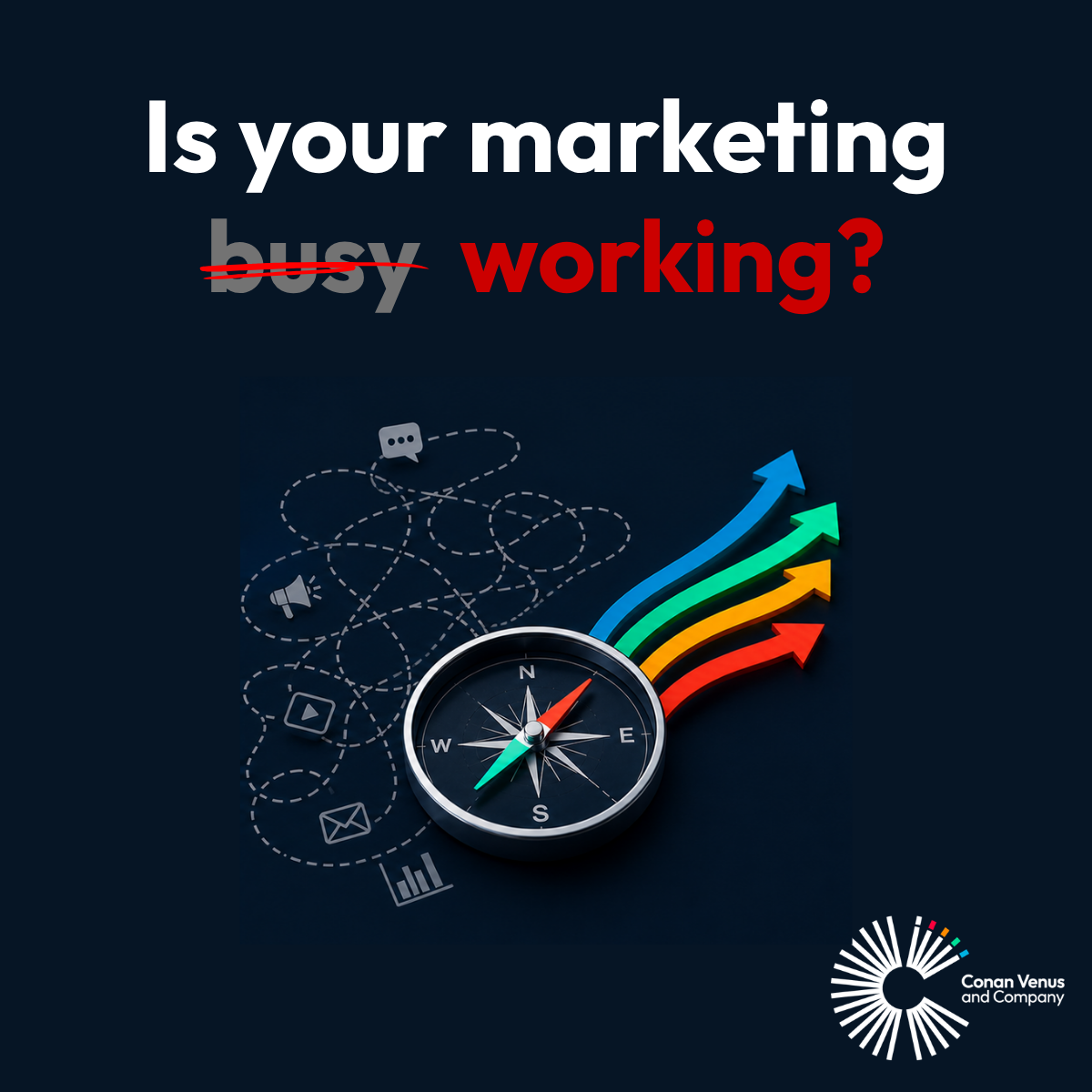 A compass points toward colorful upward arrows beside stacked marketing performance cards, representing clearer direction, commercial impact, and measurable marketing results.
