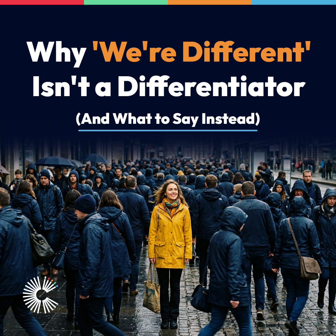 A woman in a yellow coat stands out in a crowd of people in dark clothing, representing clear brand differentiation in a crowded market.