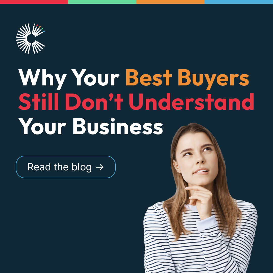 Graphic promoting a blog titled “Why Your Best Buyers Still Don’t Understand Your Business” with a call-to-action button reading “Read the blog” and a photo of a thoughtful woman against a dark navy background with CVAC branding.