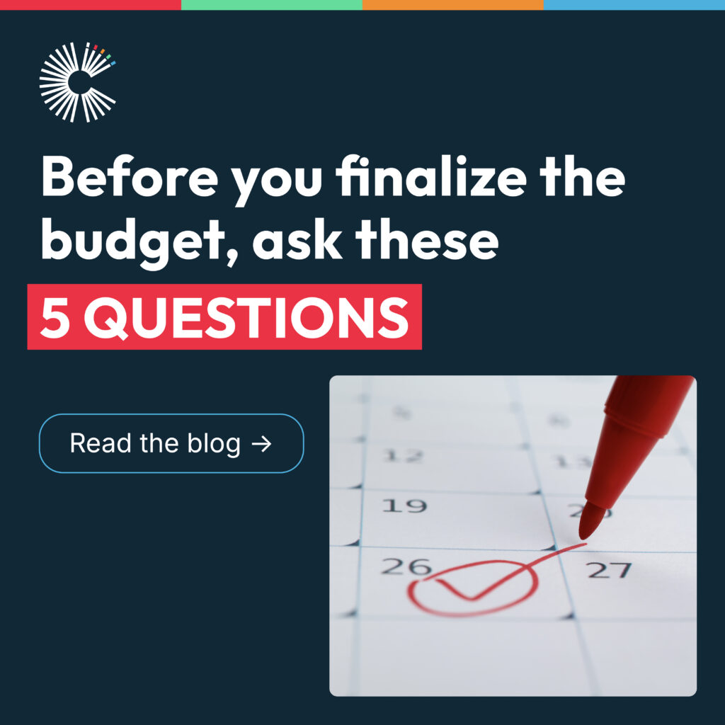 Calendar graphic with dates checked off, next to the headline "Before you finalize the budget, ask these 5 questions"